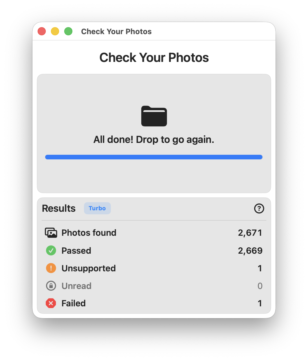Check Your Photos Mac app screenshot showing scan results