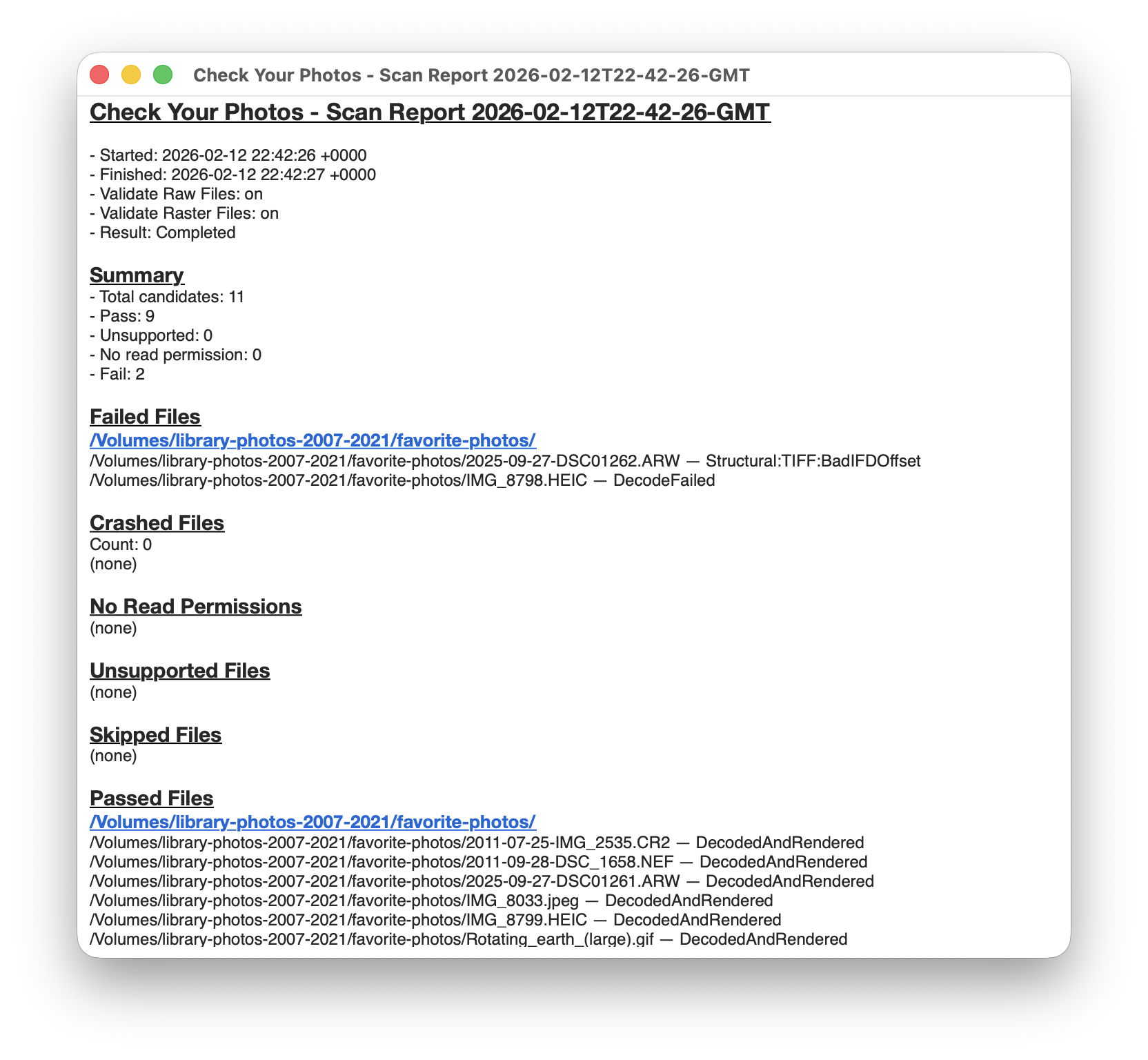 Check Your Photos scan report window